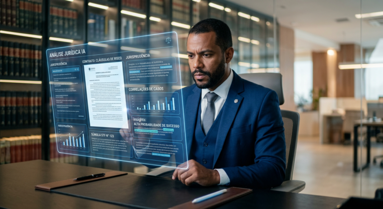 Profissional do Direito utilizando inteligência artificial em tela futurista para análise jurídica avançada.