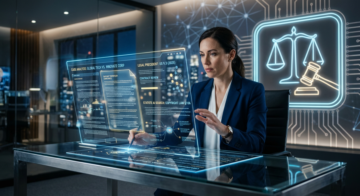 Advogado interagindo com interface holográfica de Inteligência Artificial para análise e elaboração de documentos jurídicos, simbolizando a modernização da prática do Direito.