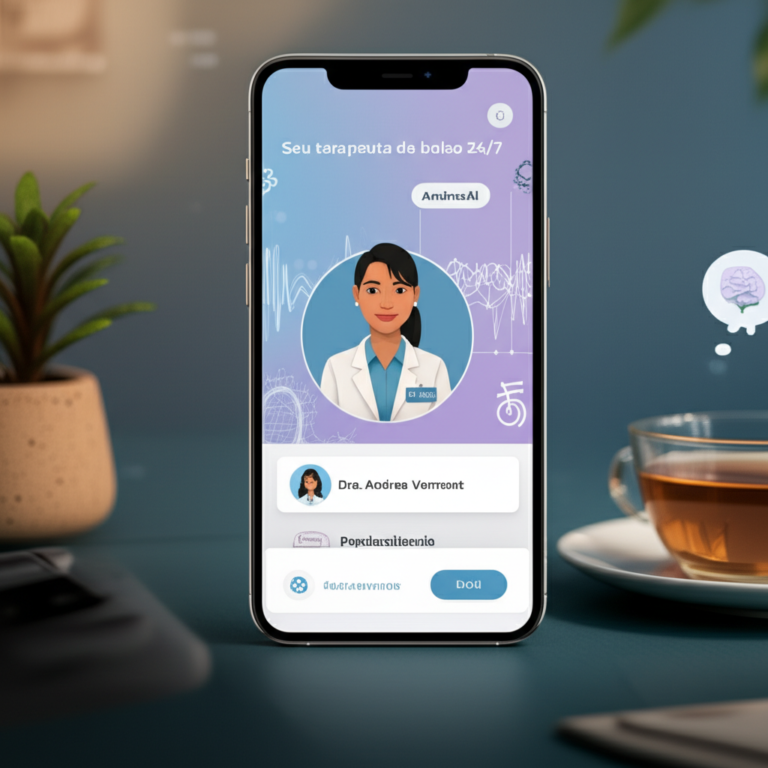 Tela de smartphone mostrando a interface do aplicativo AndreaAi, com avatar de terapeuta, cores suaves e elementos que remetem à neurociência e psicanálise, ambientado em um espaço aconchegante.