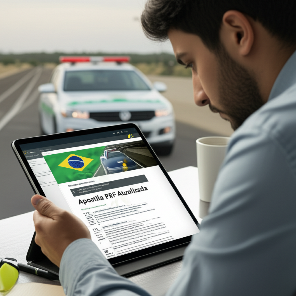 Estudante focado(a) estudando uma apostila digital da PRF (Polícia Rodoviária Federal) em um tablet, com o título 'Apostila PRF Atualizada' visível na tela.