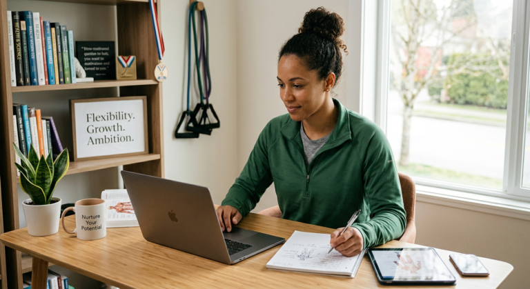 Pessoa estudando Bacharelado em Educação Física EAD em um laptop, representando o ensino online e flexível do Instituto Óliver.