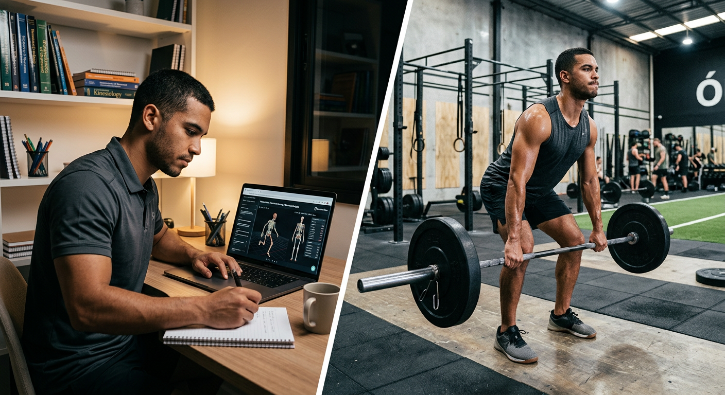 Estudante de Educação Física EAD do Instituto Óliver em cenário de estudo e treino, representando flexibilidade e alta performance.