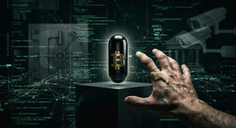Pílula preta brilhante com o símbolo do Bitcoin em um ambiente digital sombrio, representando a soberania financeira.