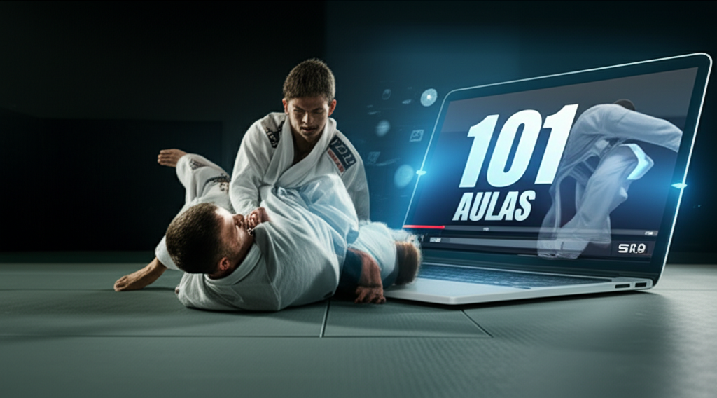 BJJ 2.0: Atleta de Jiu-Jitsu em kimono branco demonstrando técnica com tela digital sobreposta mostrando aulas online e progresso.