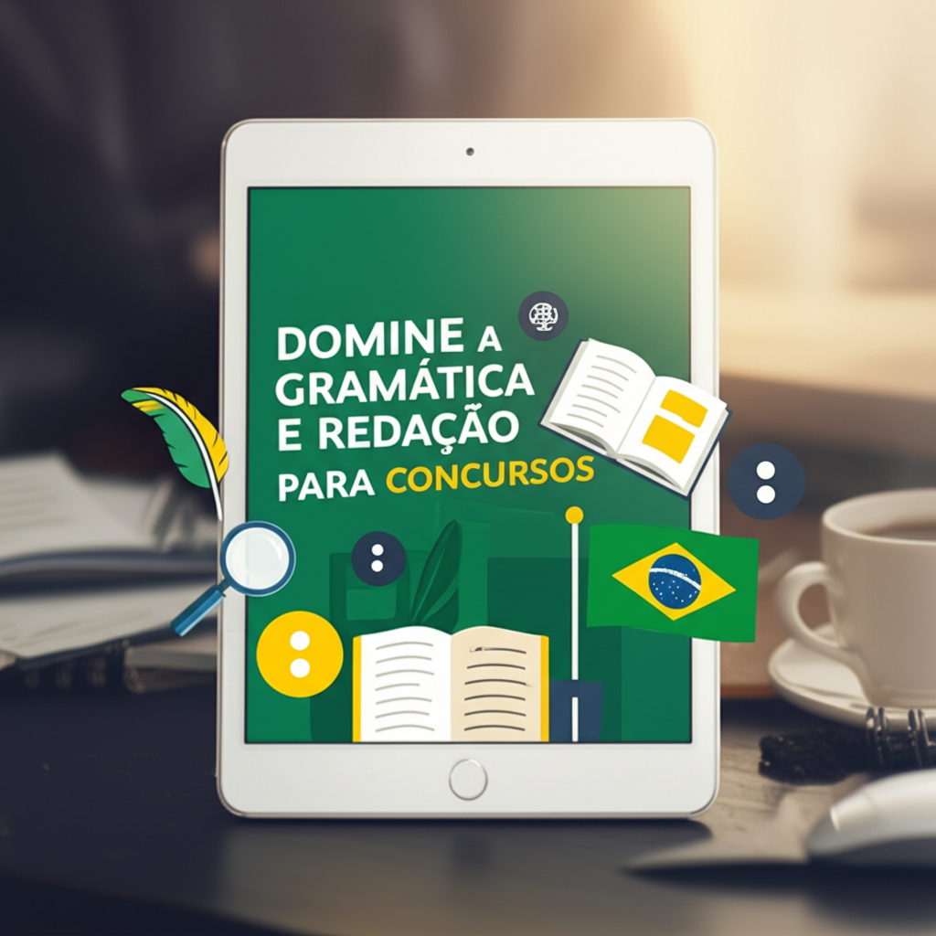 Capa do eBook 'Domine a Gramática e Redação para Concursos' exibida em um tablet, rodeada por ícones de gramática, pontuação e bandeira do Brasil.
