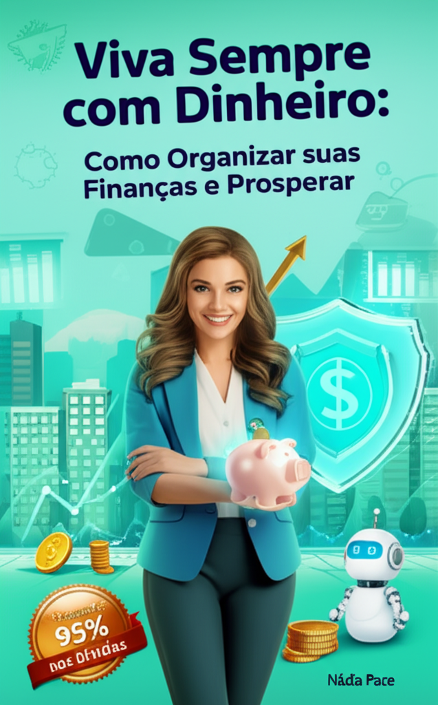 Capa do eBook 'Viva Sempre com Dinheiro' mostrando Nádia Pace, um cofrinho iluminado, gráficos financeiros holográficos, um escudo de proteção de renda e o robô IA Nádio.