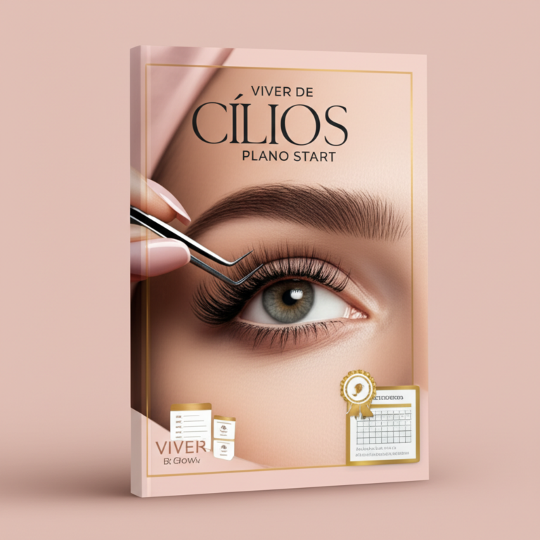 Capa do eBook Viver de Cílios Plano Start – mão segurando pinça de extensão de cílios ao lado de olho com cílios volumosos, com elementos de checklist e planilha de custos.
