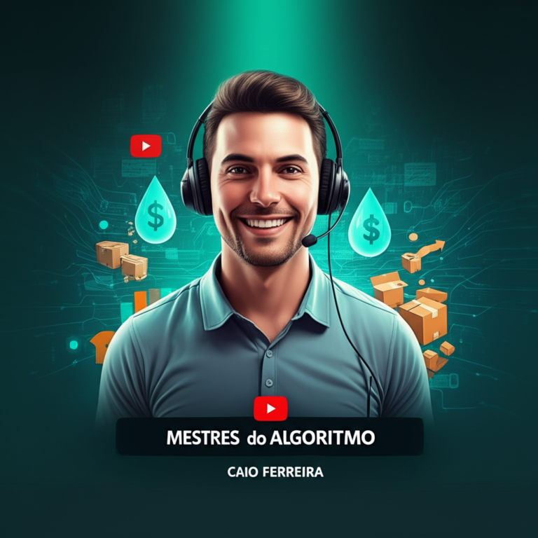Capa do PDF "Mestres do Algoritmo" de Caio Ferreira, mostrando ícones de YouTube, dropshipping e vendas com design moderno e cores vibrantes.