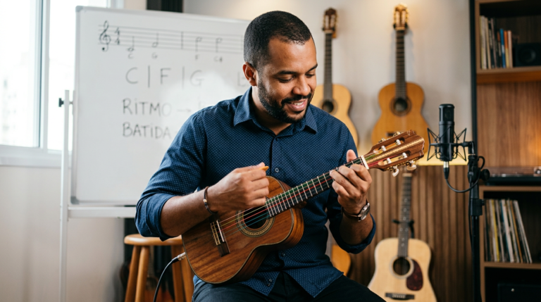 Léo Soares tocando cavaquinho com precisão, com foco em sua mão direita demonstrando a 'batida perfeita' em um contexto de aula musical.