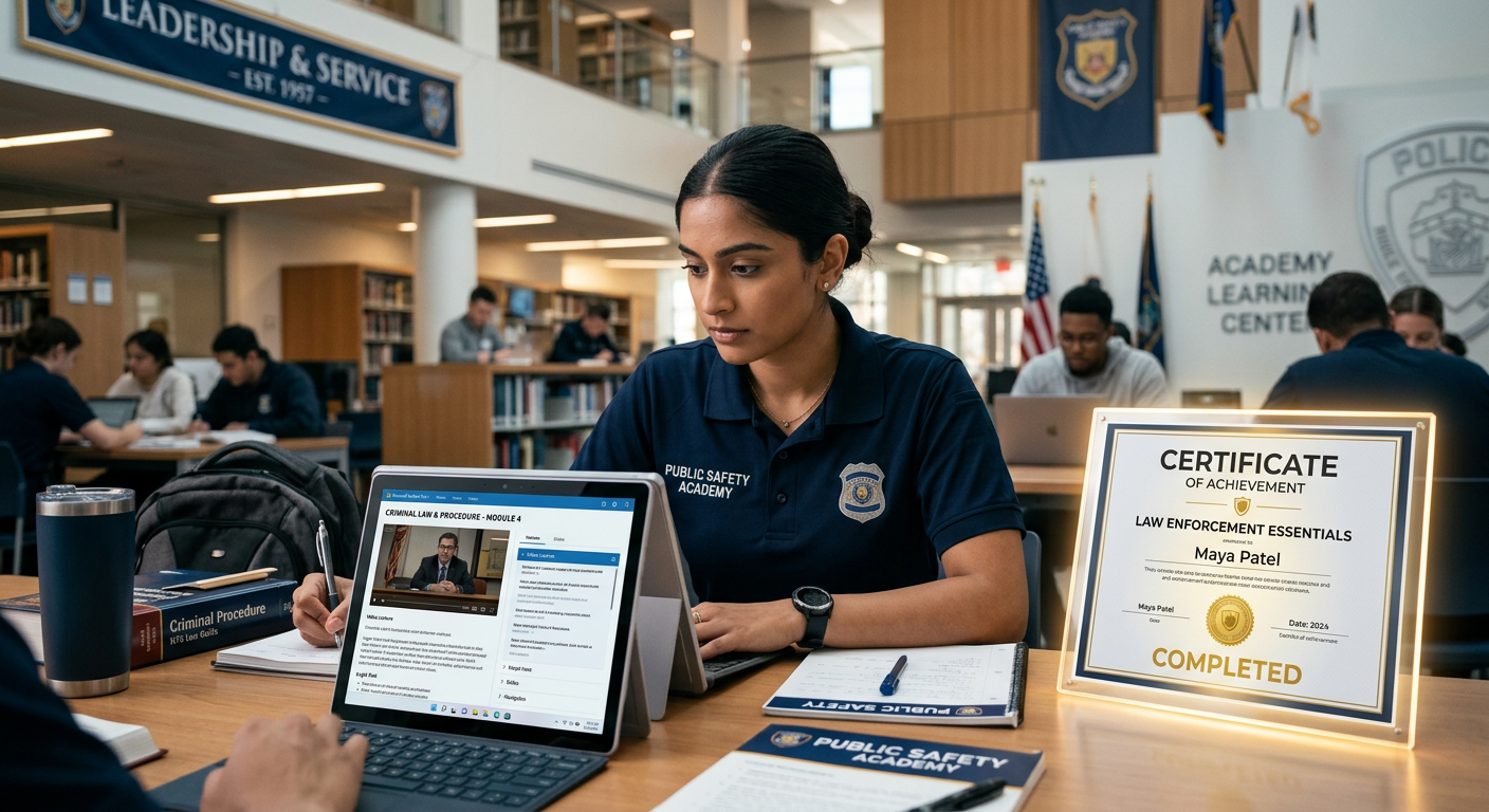 Estudante focado em curso online de Gestão em Segurança Pública e Privada do Instituto Óliver, com laptop e certificado, simbolizando a preparação para concursos policiais.