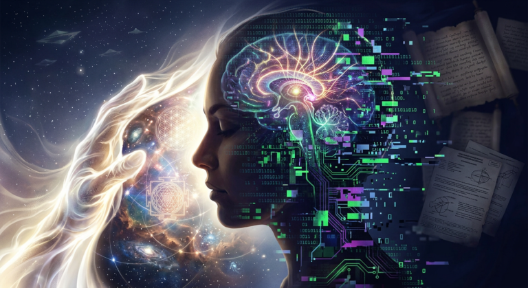 Ilustração digital de uma cabeça humana dividida, metade em uma matrix digital e metade iluminada por padrões cósmicos, símbolos de ufologia e documentos ocultos, representando o despertar da consciência para a 'Única Verdade'.