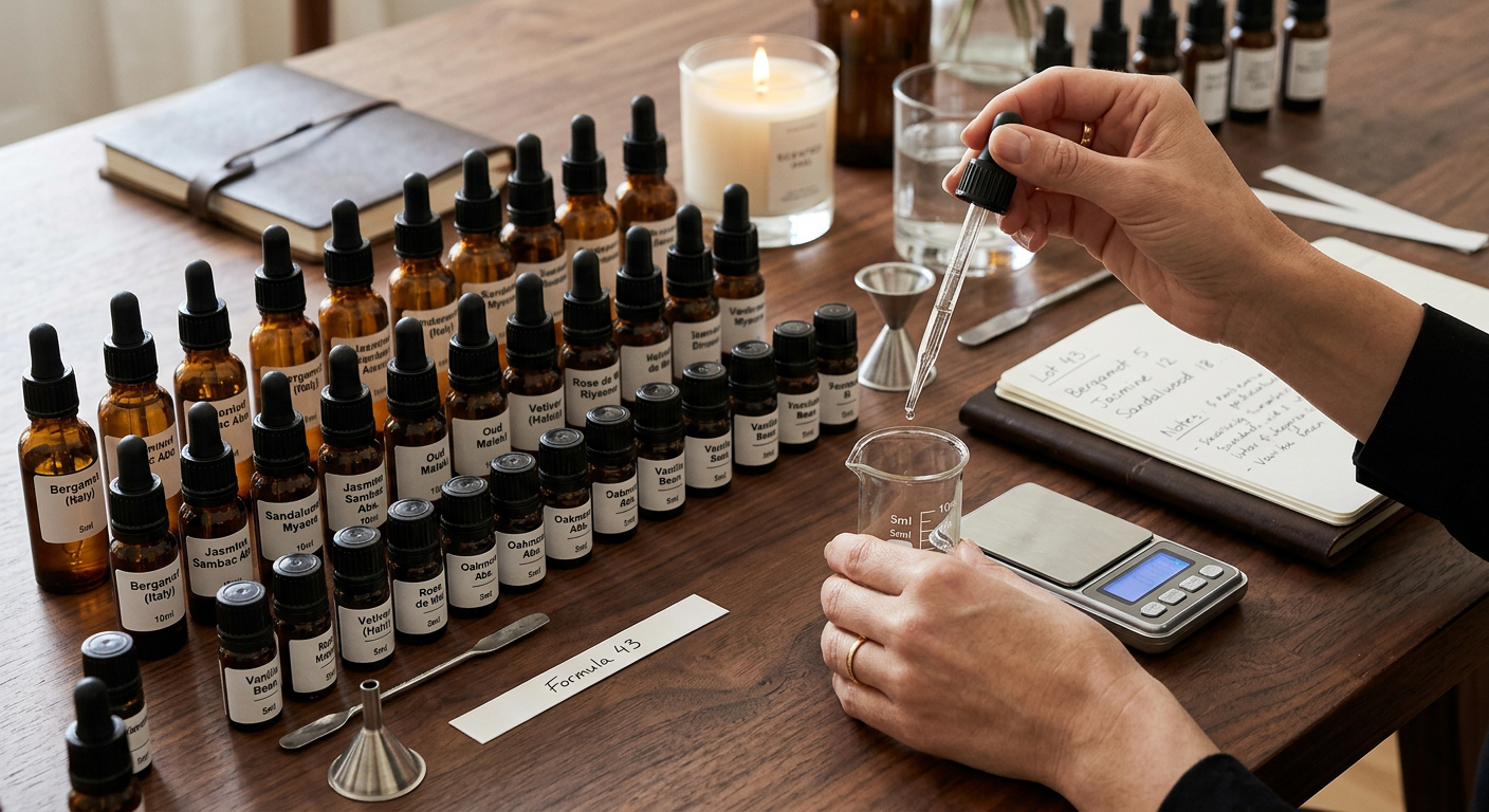 Mãos de perfumista usando um kit olfatório avançado com 35 matérias-primas para criar um perfume fino exclusivo.