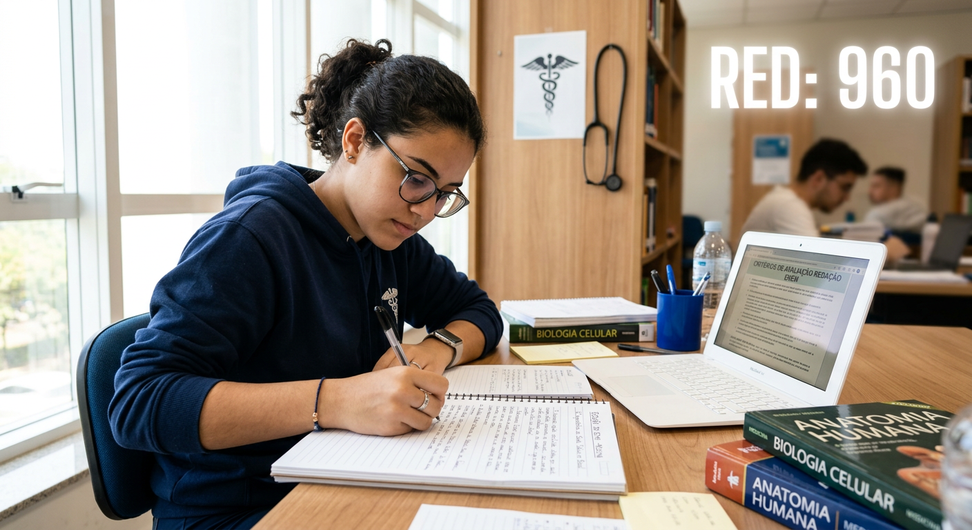 Estudante concentrada escrevendo redação para vestibular de medicina, com anotações e projeção de nota 900+ no ENEM.