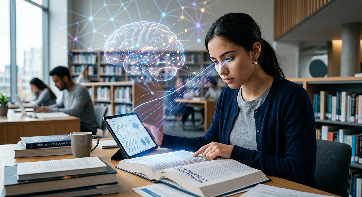 Jovem profissional lendo com alta velocidade e foco, com gráficos sutis de neurociência ao fundo, simbolizando o método Metaleitura e o aprendizado acelerado.
