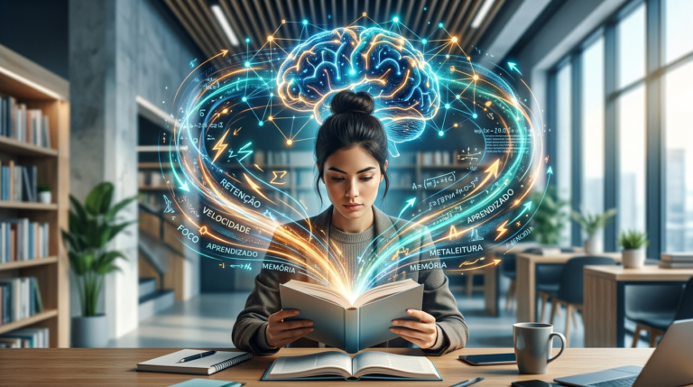 Ilustração de uma pessoa lendo rapidamente um livro, com gráficos que representam foco, velocidade e retenção de informações, simbolizando o Curso Metaleitura de Renato Alves.