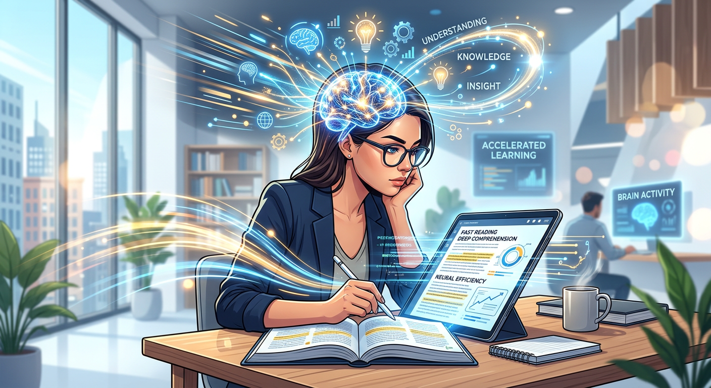 Pessoa lendo rapidamente com símbolos de neurociência e velocidade, representando o Curso Leitura Dinâmica Metaleitura (LDE).