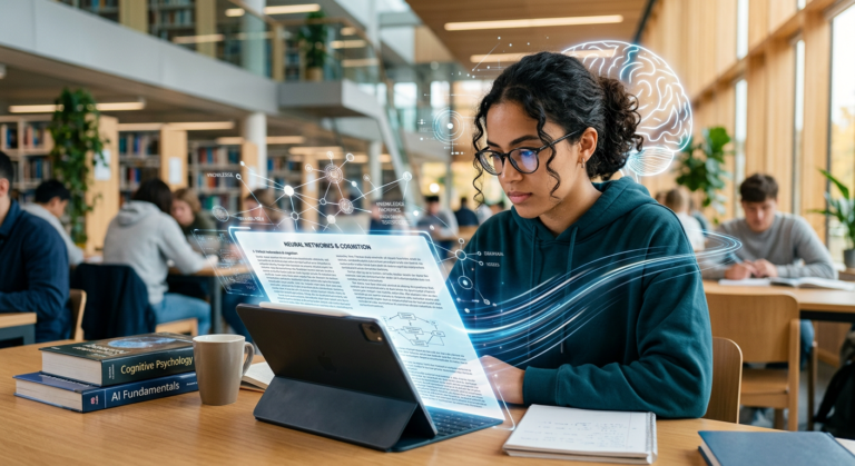 Pessoa concentrada lendo rapidamente um livro ou tablet, com elementos visuais que simbolizam leitura dinâmica, metaleitura e retenção de informação.