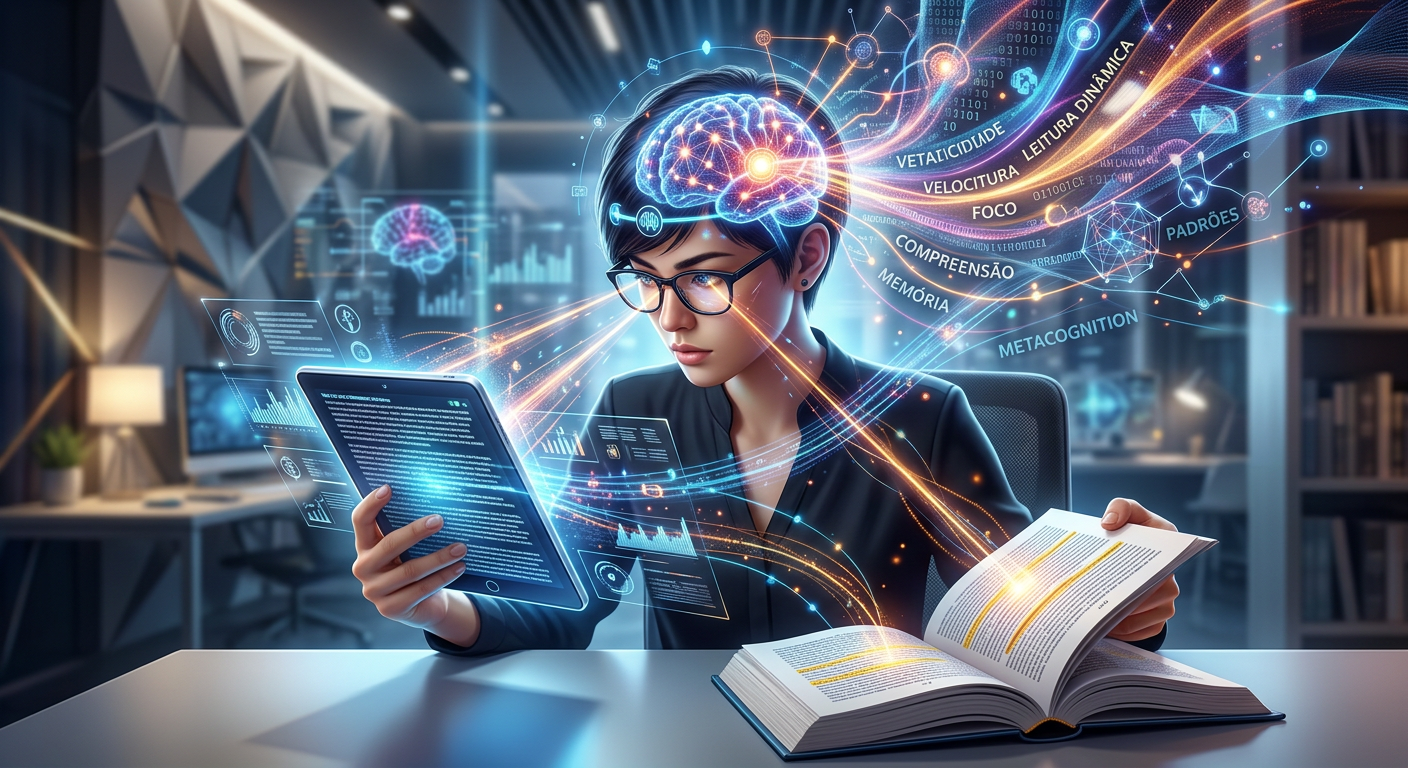 Pessoa lendo rapidamente um livro e tablet, com representações visuais de dados e atividade cerebral, simbolizando leitura dinâmica e metaleitura avançada.