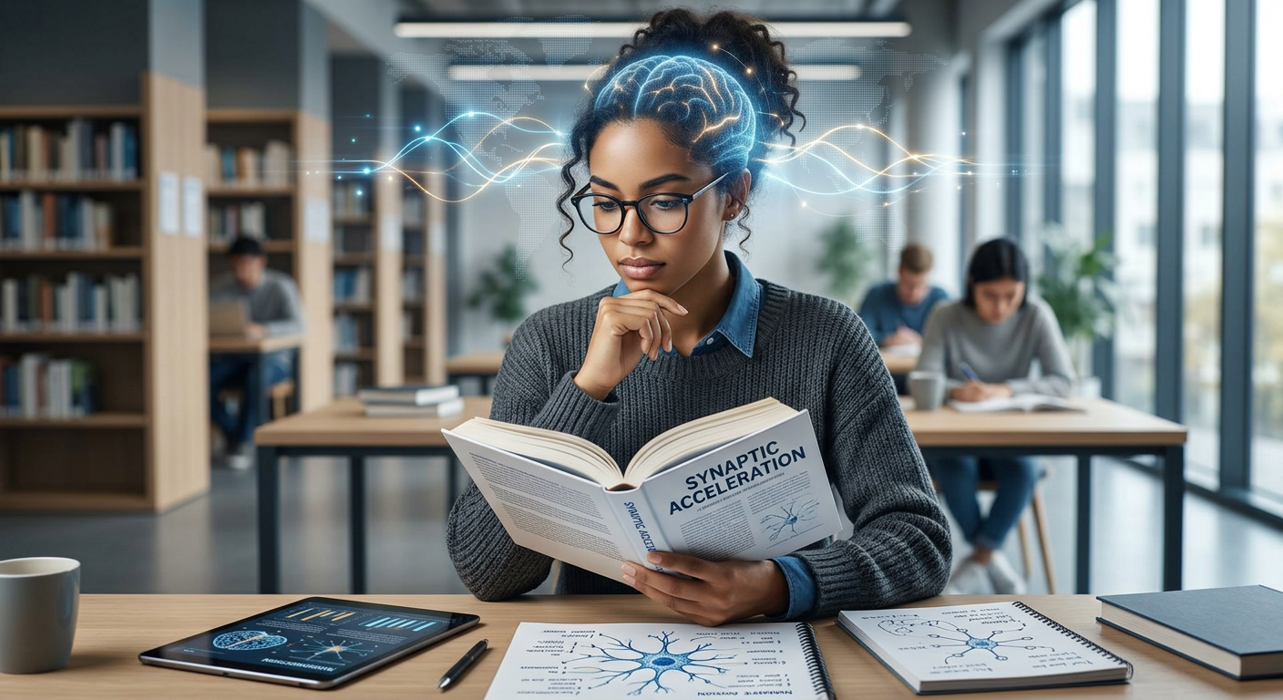 Pessoa lendo livro ou tablet rapidamente com linhas luminosas de atividade cerebral, simbolizando leitura dinâmica e metaleitura com neurociência.