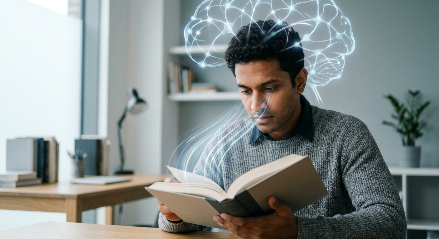 Pessoa lendo rapidamente um livro com foco intenso e símbolos de atividade cerebral, representando o Curso Leitura Dinâmica Metaleitura de Renato Alves para acelerar a leitura e memorização.