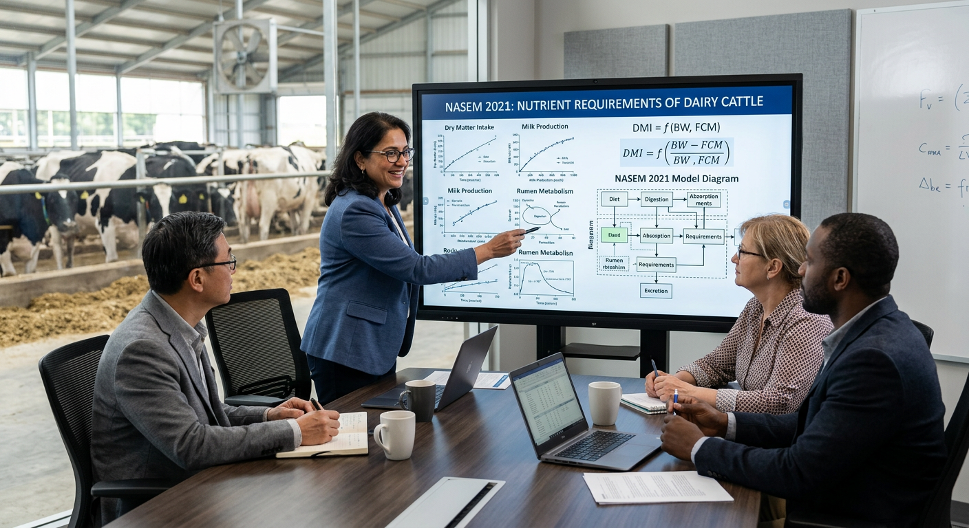 Cientistas e especialistas em nutrição animal discutindo o relatório NASEM 2021 em uma tela, com fazenda de gado leiteiro ao fundo, simbolizando um curso online avançado.