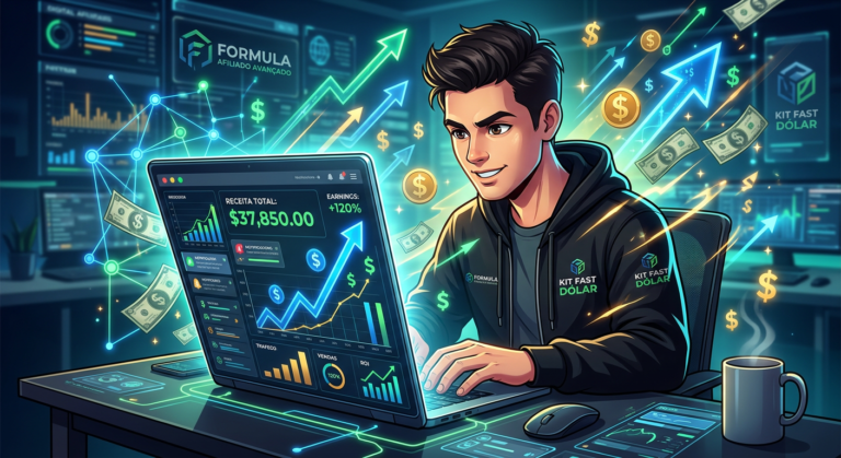 Pessoa em frente a um laptop com gráficos de vendas e muitos símbolos de dólar, representando o Curso Taynã Gauche Formação Afiliado Avançado para ganhos rápidos em dólar online.