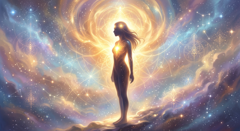 Silhueta de pessoa com luz dourada irradiando da cabeça, simbolizando o despertar da consciência e iluminação espiritual através da metafísica.