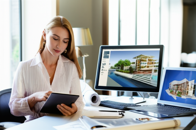 Arquiteta em escritório moderno revisando planos digitais, simbolizando gestão e crescimento de negócios.