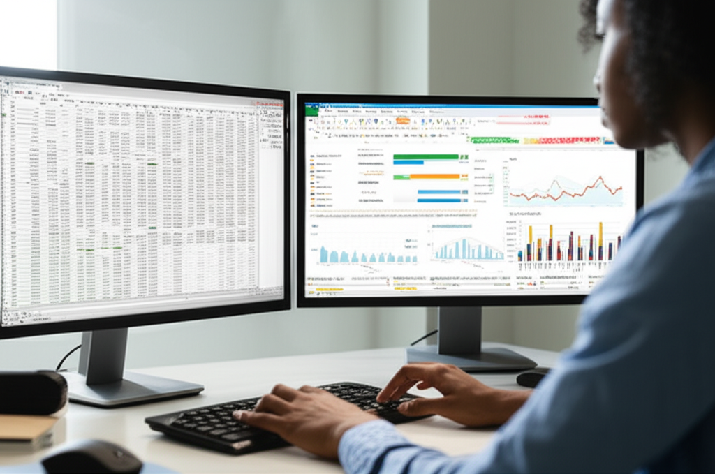 Profissional usando Microsoft Excel e Power BI para análise de dados e criação de dashboards interativos, representando o aprendizado do curso.