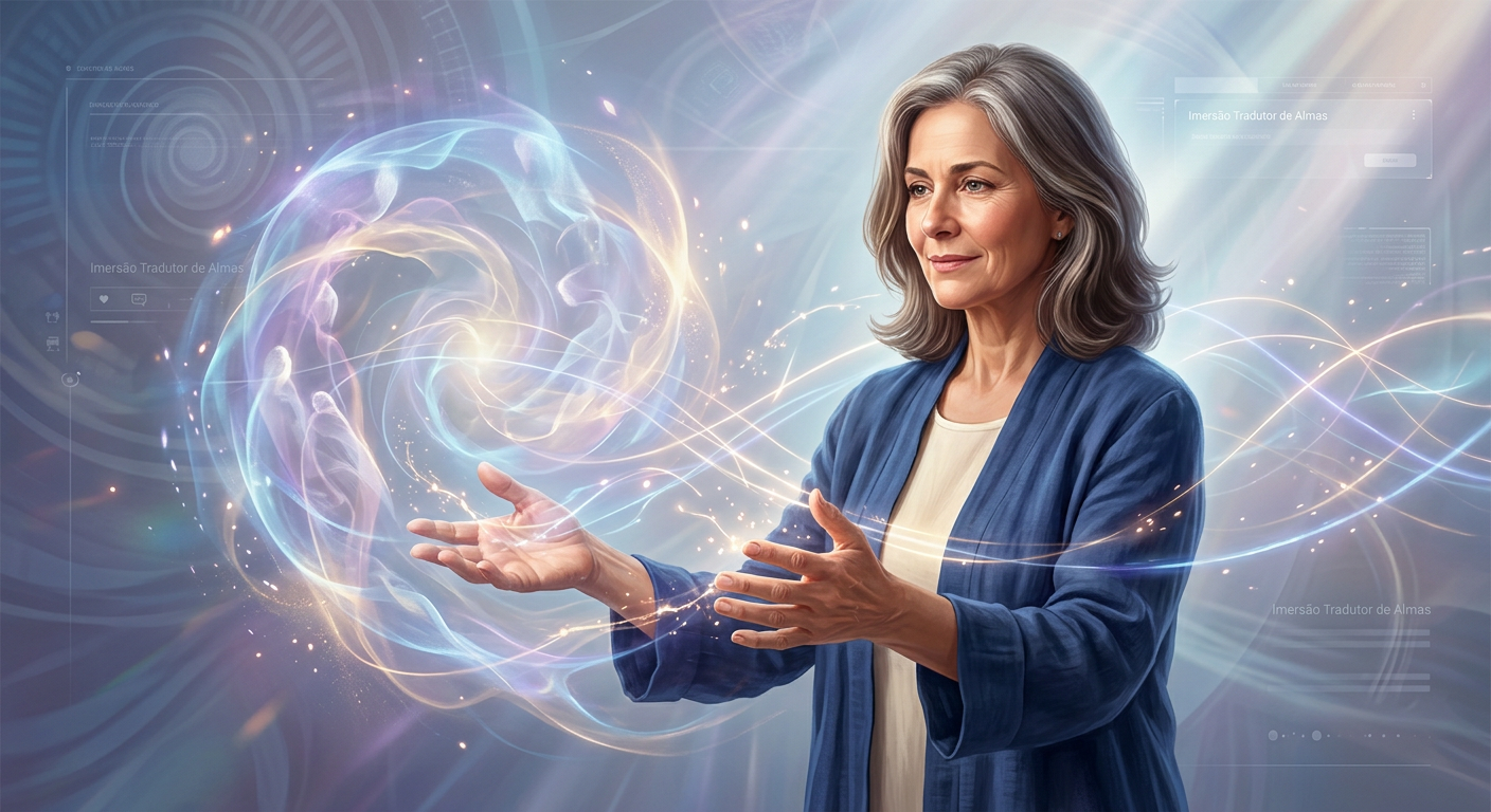 Ilustração conceitual de uma mulher, representando a Dra. Andréa Vermont, facilitando uma imersão emocional profunda, com luzes e energia abstratas simbolizando a tradução de almas e a cura interior.