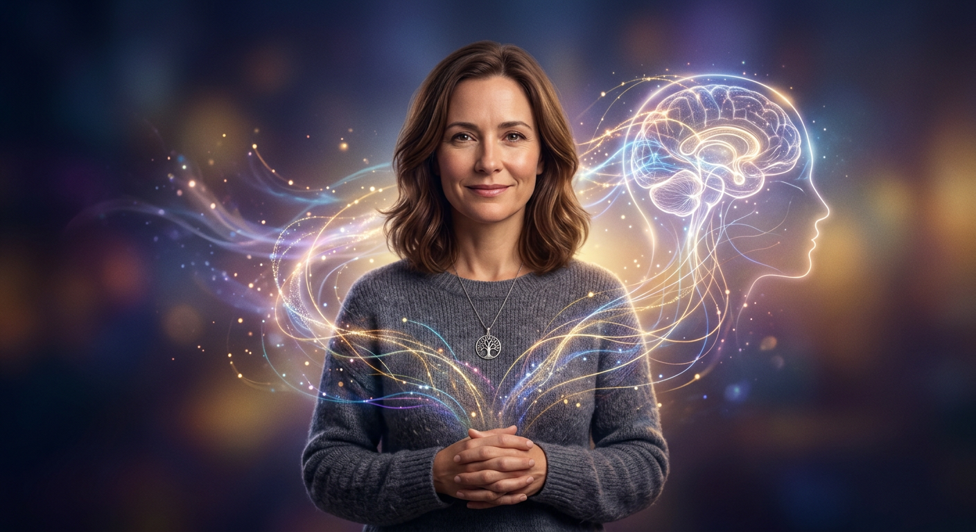 Ilustração conceitual da Dra. Andréa Vermont como 'Tradutora de Almas', com luzes e energia etérea simbolizando clareza emocional e transformação interior através da psicanálise.