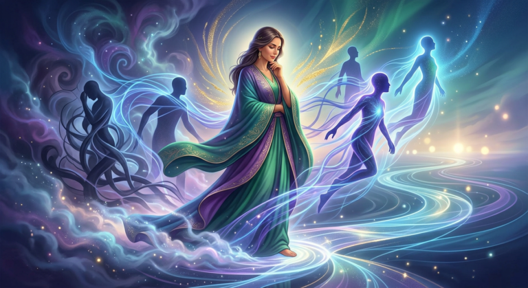 Imagem ilustrativa de uma figura feminina serena (Dra. Andréa Vermont) conectando almas com luz, simbolizando a Imersão Tradutor de Almas, cura emocional e autoconhecimento.