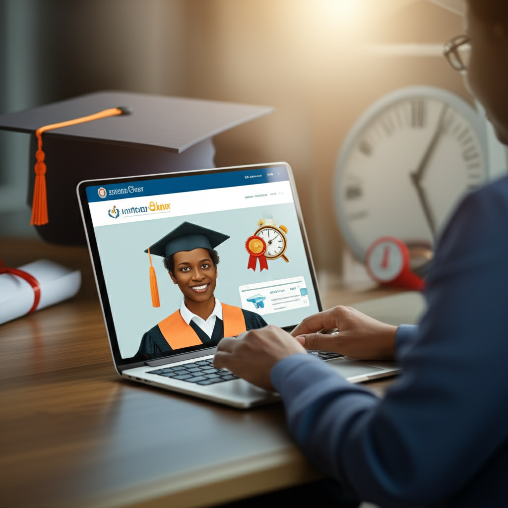 Pessoa adulta sorrindo e estudando EJA Online no Instituto Óliver em um laptop, com símbolos de diploma e rapidez ao fundo.