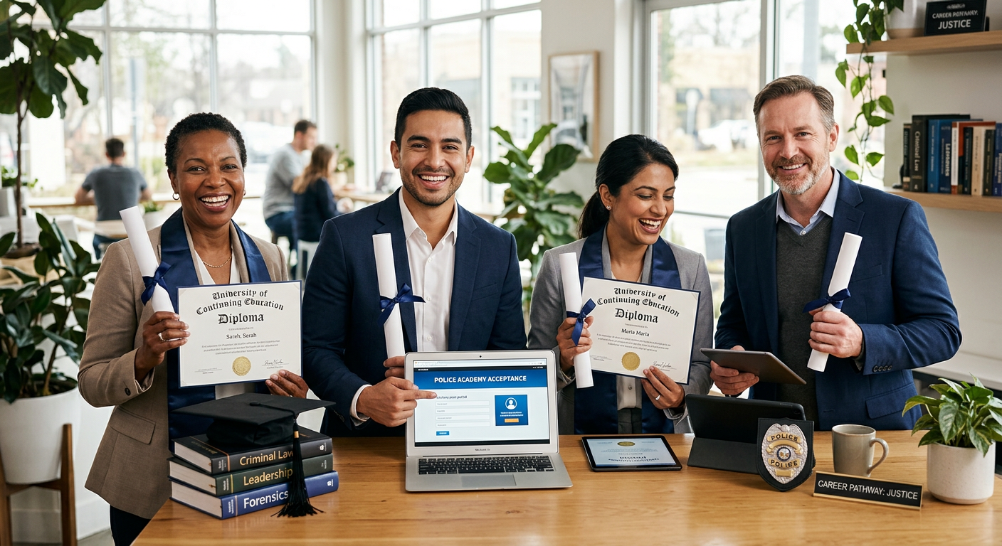 Adultos diversos celebrando com diplomas, usando laptops, simbolizando o sucesso do EJA Supletivo Óliver online para avançar na carreira.