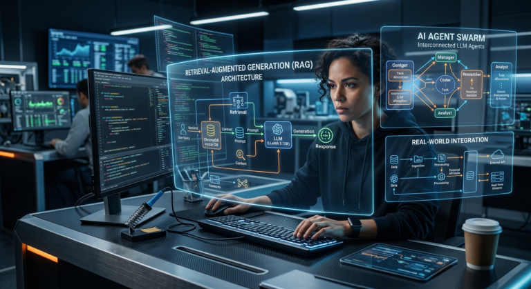 Um engenheiro de software focado em um ambiente de trabalho futurista, com interfaces holográficas exibindo arquiteturas de sistemas de IA, RAG, LLMs e fluxos de dados, simbolizando o desenvolvimento eficiente de IA.