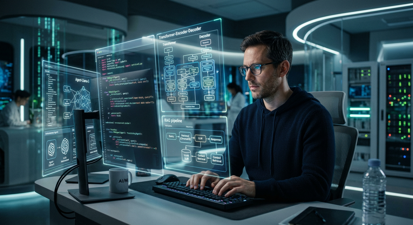 Engenheiro de IA focado em código complexo, arquiteturas de IA e LLMs em múltiplas telas.