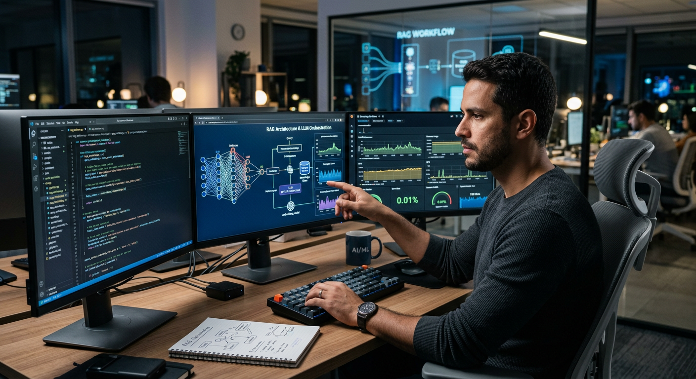 Engenheiro de IA focado no desenvolvimento de sistemas RAG e LLMs em produção, com código complexo e visualizações de dados em telas múltiplas.