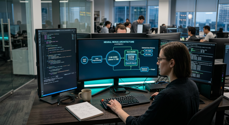 Desenvolvedor trabalhando em arquitetura de engenharia de IA, integrando LLMs, RAG e dados reais para criar sistemas eficientes.