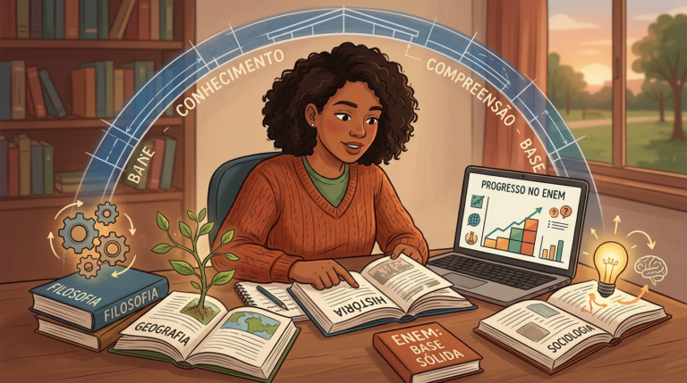 Jovem estudante engajado com livros de História, Geografia, Filosofia e Sociologia e um laptop, simbolizando o aprendizado de base em Ciências Humanas para o ENEM com o Extensivo Basic 2026 da Terra Negra.