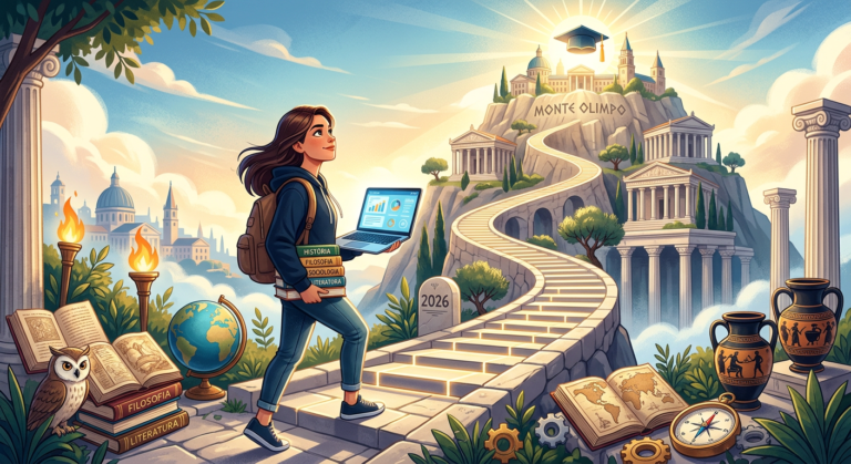 Estudante motivado em jornada de estudo para o ENEM 2026 em Ciências Humanas, simbolizando o curso Extensivo PRO Monte Olimpo.