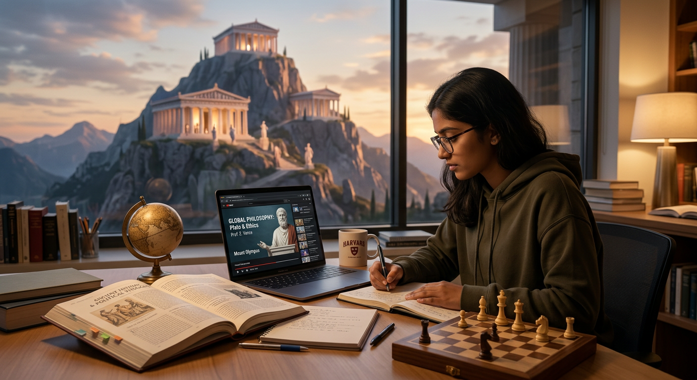 Estudante focado em Humanas com laptop e livros, com Monte Olimpo ao fundo, simbolizando preparação estratégica para ENEM 2026.