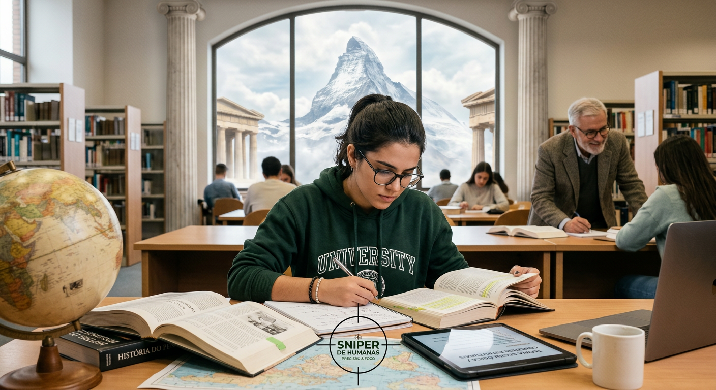 Estudante focada em Humanas com elementos de Monte Olimpo e método Sniper, representando o curso Extensivo PRO Terra Negra.