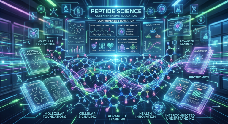 Ilustração digital de estruturas moleculares de peptídeos interconectadas com elementos de estudo e dados científicos, representando uma formação completa.
