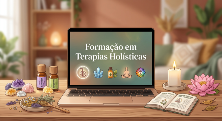 Elementos de terapias holísticas como cristais, óleos essenciais e laptop com curso online, representando a formação completa.