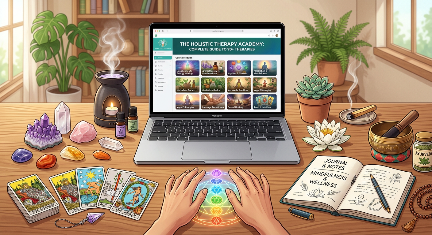 Setup de estudo com laptop exibindo curso online de terapias holísticas, cercado por cristais, óleos essenciais, incenso e símbolos de bem-estar, representando uma formação completa.