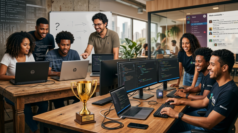 Grupo diverso de alunos DevClub Full Stack BR, progredindo de iniciantes a desenvolvedores confiantes, com troféu de conquista e mentoria em um ambiente de tecnologia.
