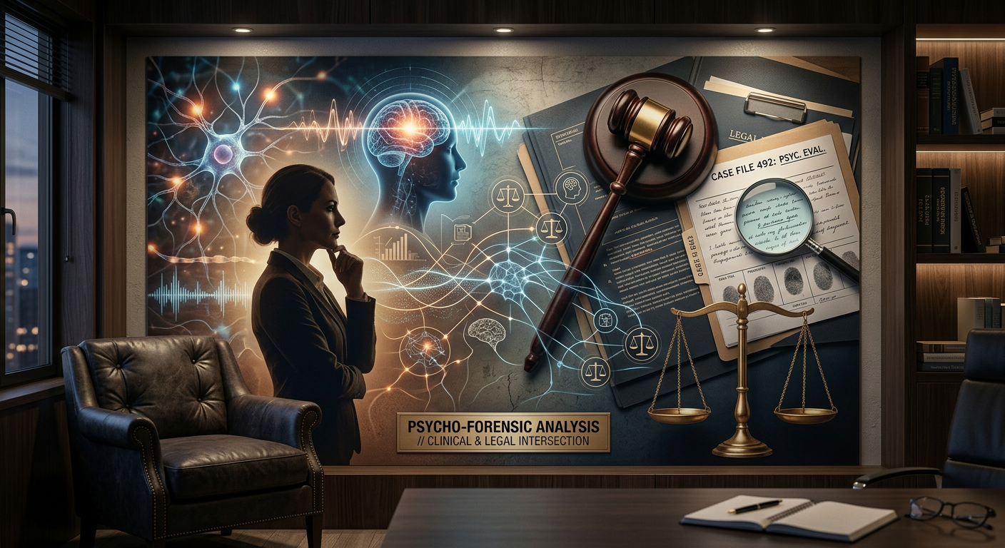 Ilustração moderna da fusão entre a mente humana (psicanálise clínica) e símbolos de justiça (psicanálise forense), representando o curso da PSMS Treinamentos.