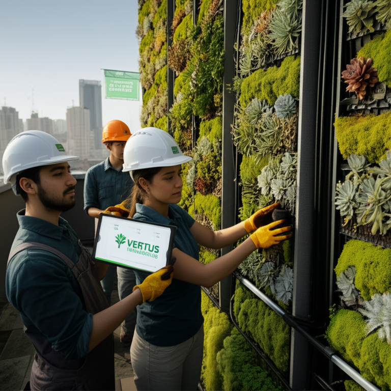 Alunos do curso Formação Green Builders instalando jardim vertical e telhado verde em ambiente urbano, usando tablets e equipamentos de segurança.