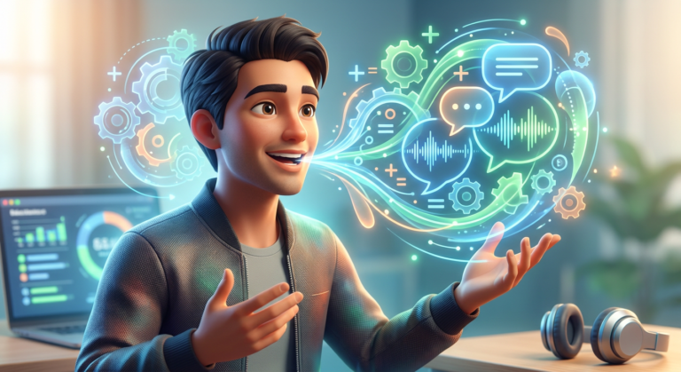 Pessoa falando inglês confiantemente com elementos de uma fórmula digital e engrenagens ao redor, simbolizando o método Fórmula da Fluência de Caio R.