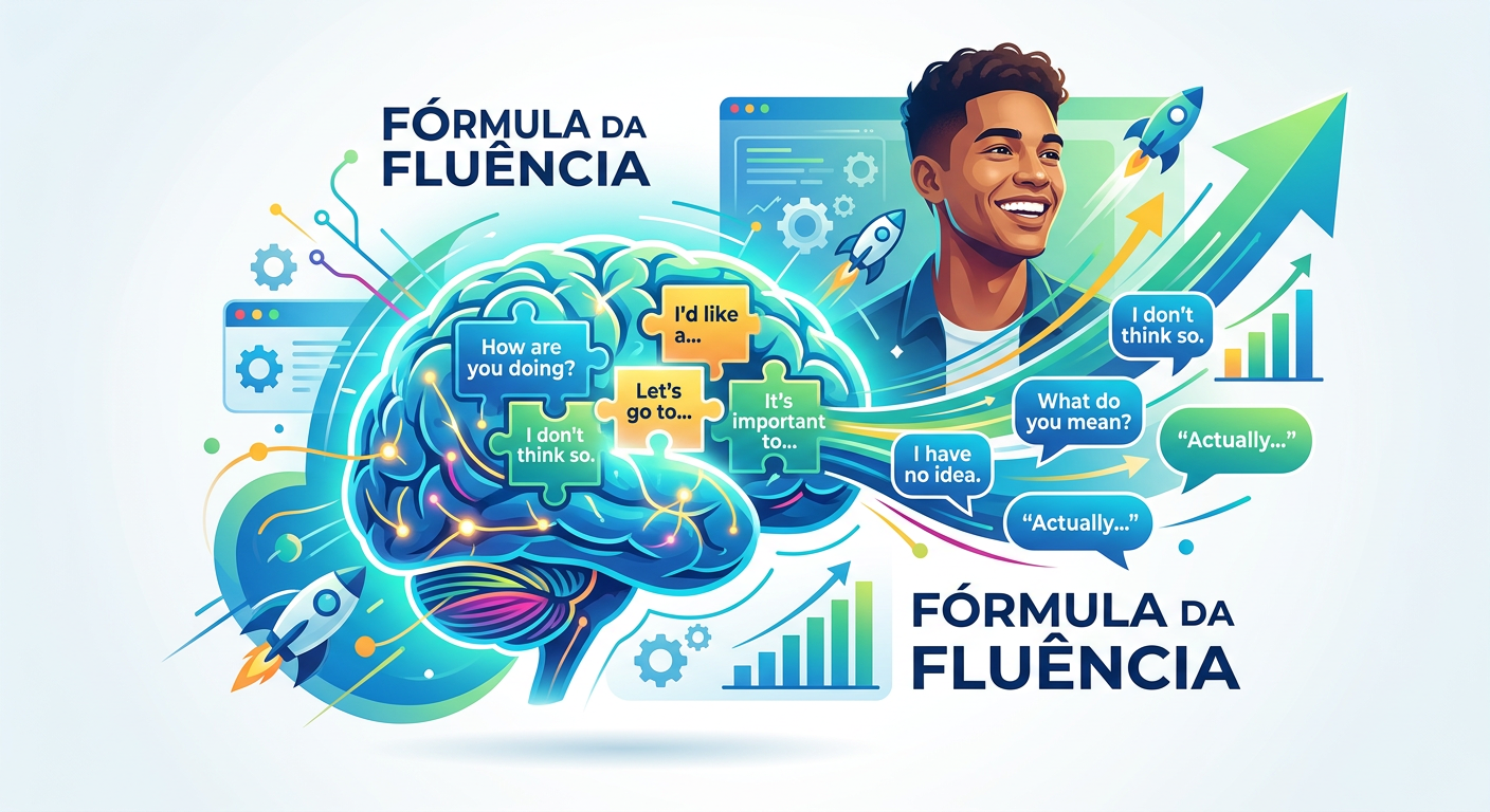 Ilustração do cérebro conectando blocos de frases em inglês, simbolizando a metodologia do Fórmula da Fluência para destravar a fala.